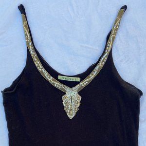 Women's Black Cotton Tank Top with Decorative Neckline